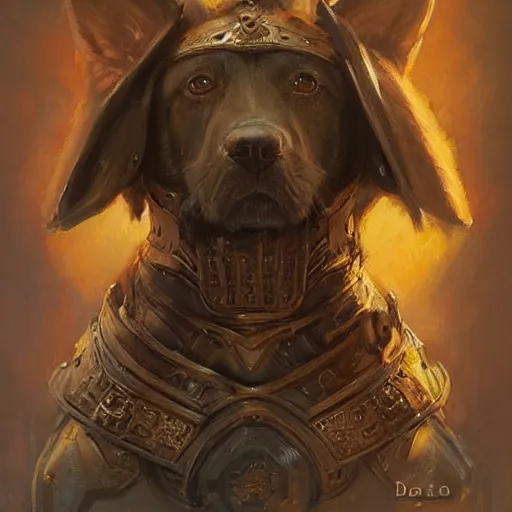 Prompt: doggo animal as a realistic fantasy knight, closeup portrait art by donato giancola and greg rutkowski, digital art, trending on artstation, symmetry!!