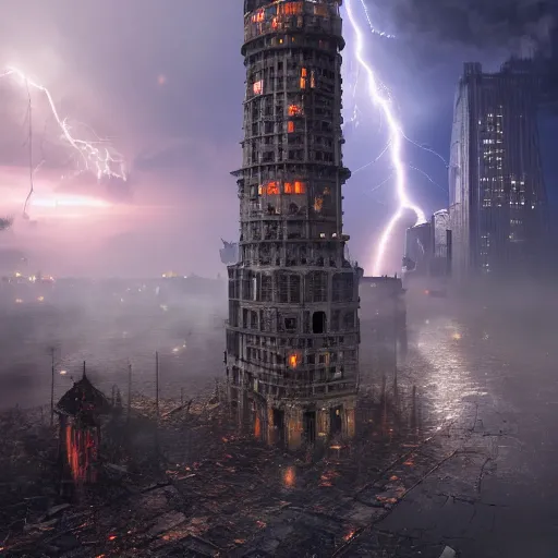 Prompt: a destroyed 1 9 0 0 city with a big tower in the middle covered in mist, lightning bolts hitting and exploding the buildings, 4 k, by michal karcz