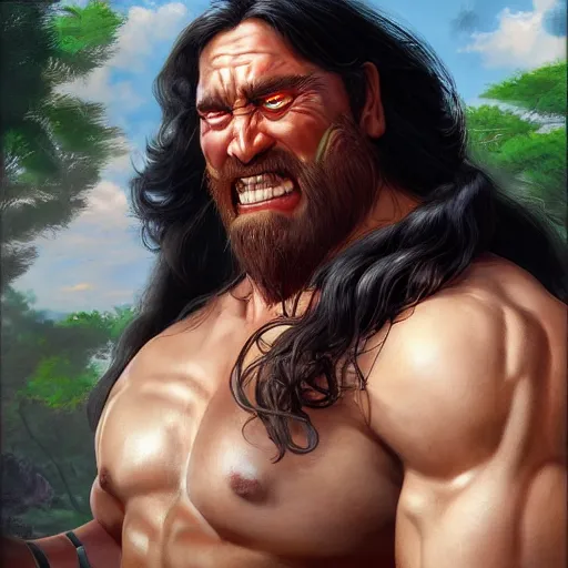 Image similar to a hyper realistic keyframe of a cartoon character brought to the real world, a combination of a beefy conan the barbarian and a warlock with a kind heart, the setting is a normal suburban backyard by Huang Guangjian and Gil Elvgren and Sachin Teng 8k,