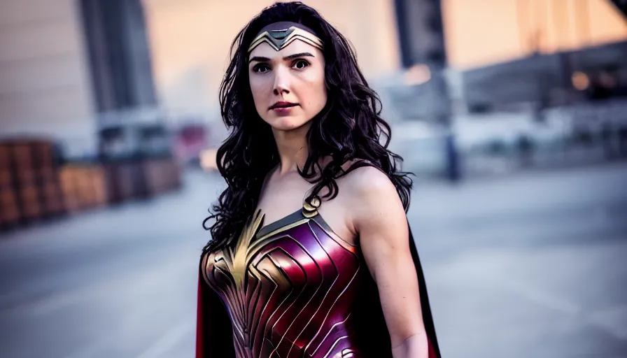 Prompt: high quality photo of a cosplaying Gal Gadot as Superwoman , photography 4k, daylight, godrays, f1.8 anamorphic, bokeh, 4k,