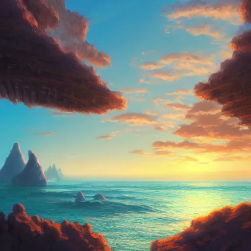 Prompt: beautiful matte digital fantasy concept art of the shore of the island of monuments and statues, with a spectacular sunset, from the studio ghibli movie island monuments, by andreas rocha, pastel color palette, trending on artstation hq, 8 k