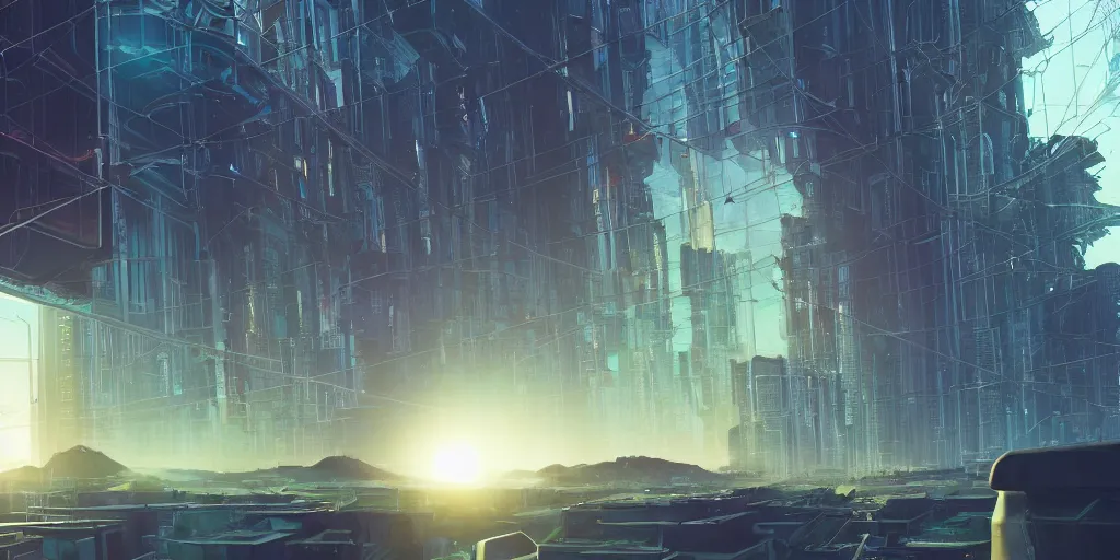 Prompt: a cinematic composition depicting : a translucid crystal - being viewing out of their window how a high tech lush solarpunk tribe with their technology is encroaching on a distant cyberpunk world at sunrise