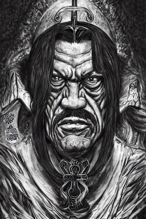 Image similar to Danny Trejo as church nun, dark fantasy, highly detailed, artstation, manga illustration by Kentaro Miura berserk