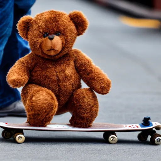 Image similar to a Teddy Bear on a skateboard in central new York law angle telephoto trending on 500px