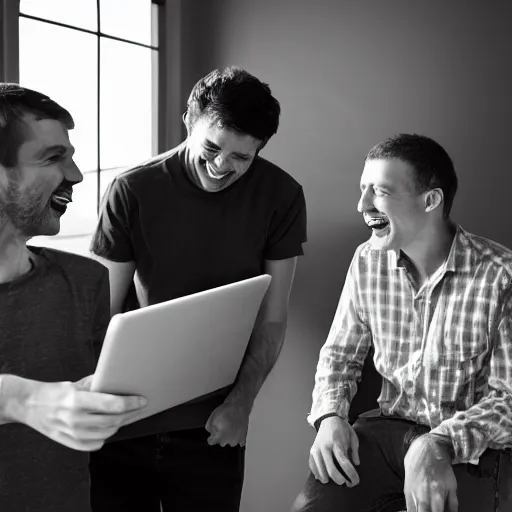 Image similar to several guys looking at a laptop screen laughing, colour photograph, studio light 35mm