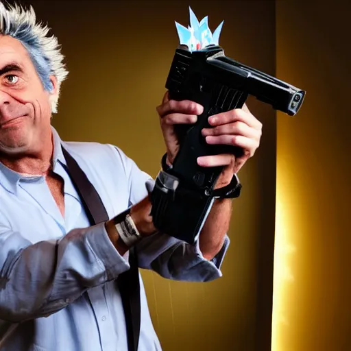 Image similar to Rick Sanchez as a real-life person, studio portrait, real-life-action movie star, holding a portal gun, opening a portal, Rick Sanchez