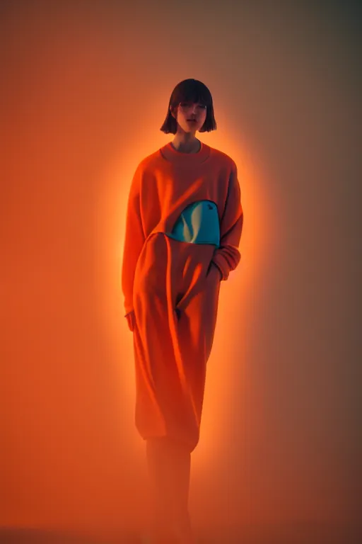 Image similar to soft light, surrealism, a model wearing acne outfit, octane render, caustic, cozy, cyan and orange, cinematic, anamorphic bokeh, long exposure photograph, luxury materials, atmospheric fog, macro photography