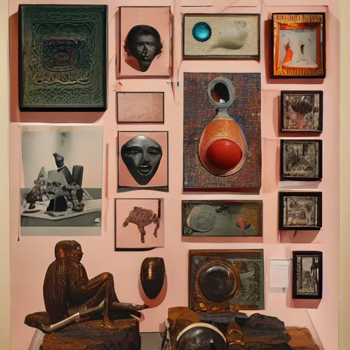 Image similar to A three color offset photography of surrealist objects on display, anthropology of wonder, surrealisme, exotic artifacts, colonial expedition, catalog exhibition, 60s style