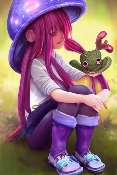 Prompt: a beautiful little girl wearing a mushroom hat sitting on her bed petting a frog in her lap | | purple hair, pretty face, braids in hair, fine details, in xenoblade art style, trending on pixiv, anatomically correct