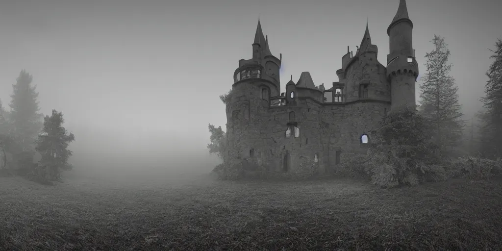 Image similar to castle on the forest, scary, dawn, foggy area, black fog, photorealistic, panoramic shot, 4 k