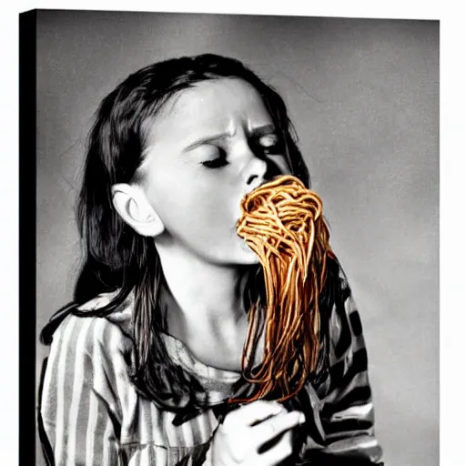 Image similar to girl eats spaghetti and crying spaghetti, style of Salvador Dali