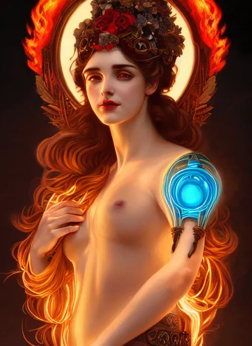 Image similar to the greek goddess hestia with hair made of fire, steampunk, glowing eyes, beautiful eyes, volumetric lights, red and cyan theme, art nouveau botanicals, intricate, highly detailed, digital painting, artstation, concept art, smooth, sharp focus, cinematic, illustration, beautiful face, art by artgerm and greg rutkowski and alphonse mucha