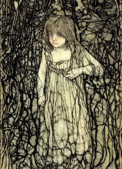 Image similar to little girl in the scary woods by john bauer, arthur rackham