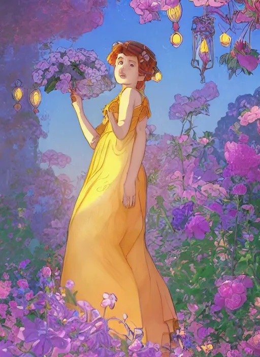 Image similar to well - lit art nouveau portrait of a 1 3 - year old girl wearing a sundress in a flower garden with lanterns at night, natural lighting, path traced, highly detailed, high quality, cartoon, digital painting, by don bluth and ross tran and studio ghibli