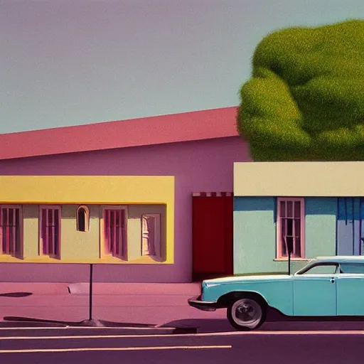 Prompt: pastel 3 d minimalist, street scene by jeffrey smart and gregory crewdson and edward hopper