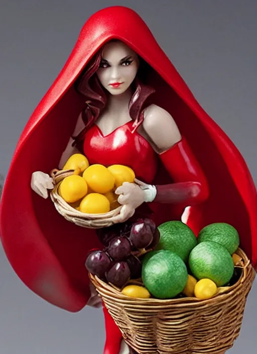 Prompt: Image on the store website, eBay, 80mm Resin figure model of a woman as little red hood ,holding a basket of fruit under her left arm.