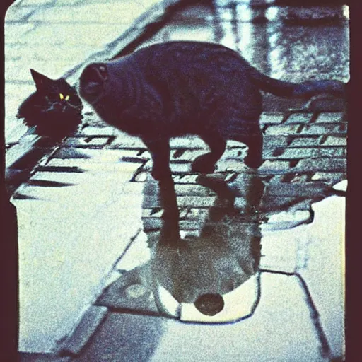 Image similar to wide-shot very low-angle eyesight reflection of a cat in the puddle at the street in Moscow, polaroid photo, by Andy Warhol, signed