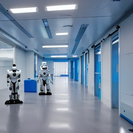 Prompt: long hall in futuristic lab, full of robots, light blue and white