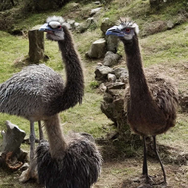 Image similar to an emu in the middle of a crowded hobbit tavern