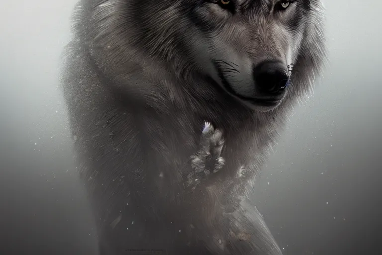 Image similar to woman living with wolves, highly detailed, photorealistic, reflections, smooth, sharp focus, concept art, illustration, beautiful, geometric, trending on artstation, cinematic, featured on behance , artwork by WLOP and Tran, Ross