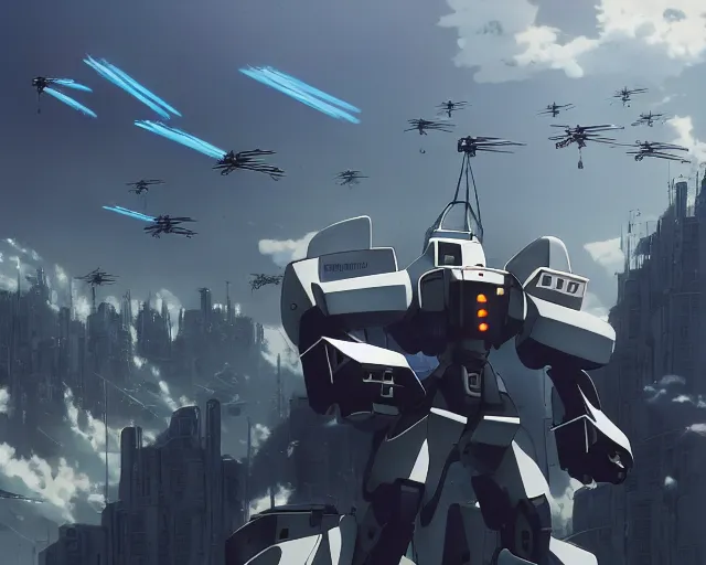 Image similar to Beautiful Epic scene of a beautiful gigantic Patlabor style mech being air lifted by futuristic helicopters above a futuristic Tokyo style military city, extreme detail, by Greg Rutkowski and Krenz Cushart and Pan_Ren_Wei and Hongkun_st and Bo Chen and Enze Fu and WLOP and Alex Chow, Madhouse Inc., anime style, crepuscular rays, set in rainy futuristic cyberpunk Tokyo street, dapped light, dark fantasy, cgsociety, trending on artstation