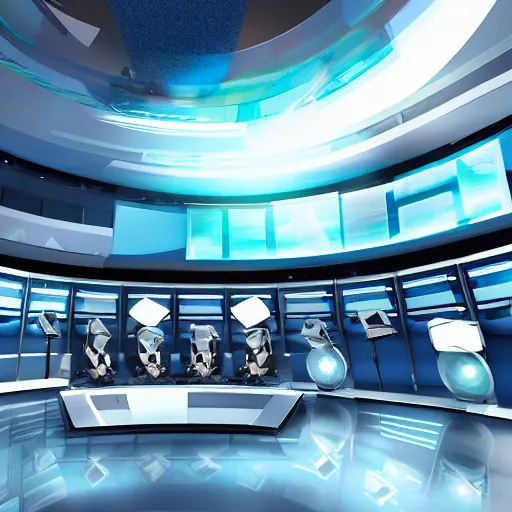 Image similar to futuristic news studio, concept art, wide lens, cinematic composition, architecture, iterior