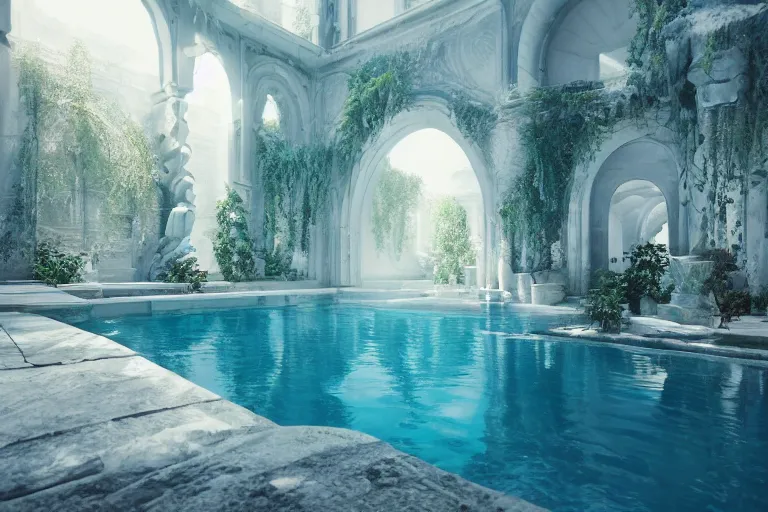 Image similar to serene pool in white citadel, hyper realistic, ambient lighting, concept art, intricate, hyper detailed, smooth, dynamic volumetric lighting, octane, raytrace, cinematic, high quality, high resolution, 4 k, cgsociety, rutkowski, gurney