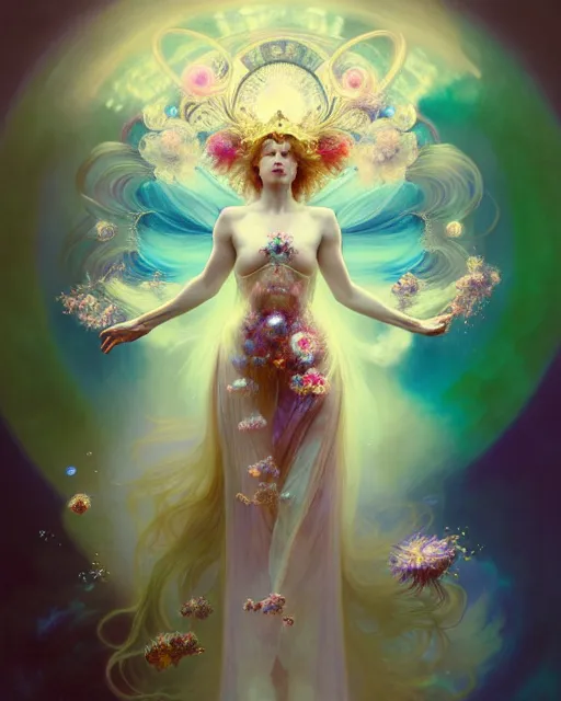 Image similar to Full View ultrarealistic Portrait ethereal fantasy deity wearing beautiful gown, rising in the air levitating, flowers, calm, 4k digital masterpiece by Anna Dittman and Alberto Seveso Ruan Jia, rossdraws and alphonse mucha and loish and WLOP, fantasycore, Hyperdetailed, fractals, scribble art, realistic digital painting, atmospheric, fireflies, soft lighting, featured on Artstation