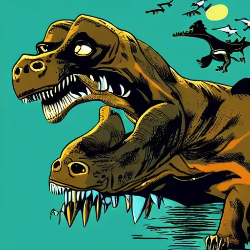 Prompt: a baby seal riding a tyrannosaurus rex, frank miller, dave gibbons, dusk lighting, clear focus, very coherent