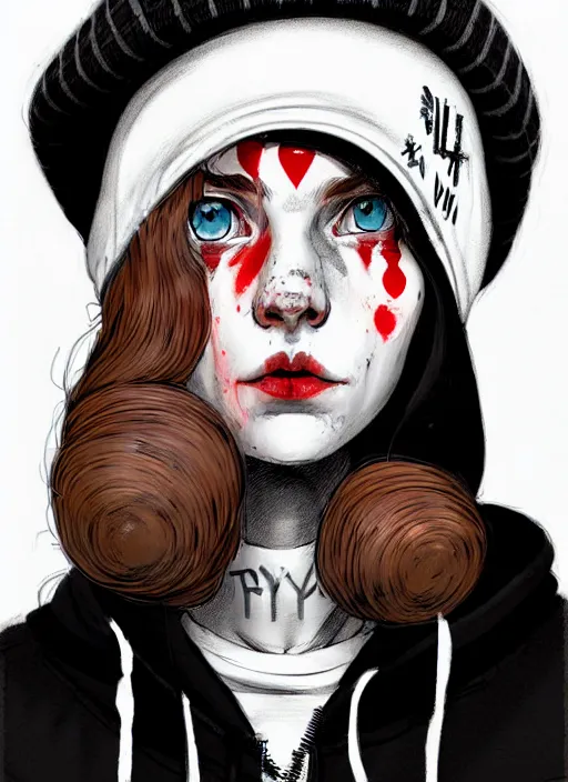 Image similar to highly detailed portrait of an new york sewer punk lady student, blue eyes, tartan hoody, hat, white hair by atey ghailan, by greg tocchini, by kaethe butcher, by james gilleard, gradient red, black, brown, cream and white color scheme, grunge aesthetic!!! ( ( graffiti tag wall ) )