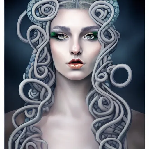 Image similar to character concept portrait of a beautiful woman with pale full face, medusa, snakes for hair, blue / grey eyes, intricate, elegant, digital painting, art nouveau, smooth, focus, rim light