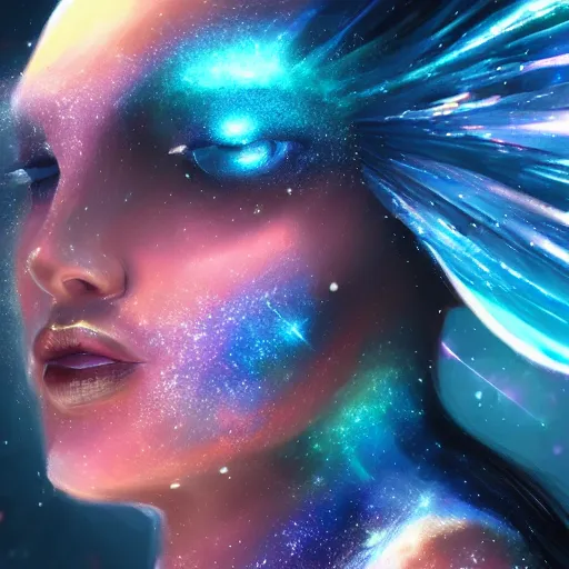 Image similar to highly detailed close up portrait of a celestial with a body made of spacedust, concept art, character art, studio lightning, bright colors, intricate, masterpiece, photorealistic, hiperrealistic, sharp focus, high contrast, Artstation HQ, DeviantArt trending, 4k UHD, Unreal Engine 5