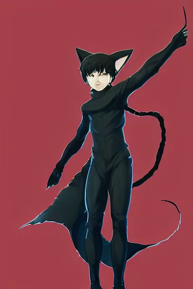 Image similar to little boy with cat ears in an black outfit with red cape. digital artwork made by lois van baarle and kentaro miura and marc simonetti and jakub rebelka, sharpness focus, inspired by hirohiko araki, anatomically correct, heroic composition, hero pose, smooth