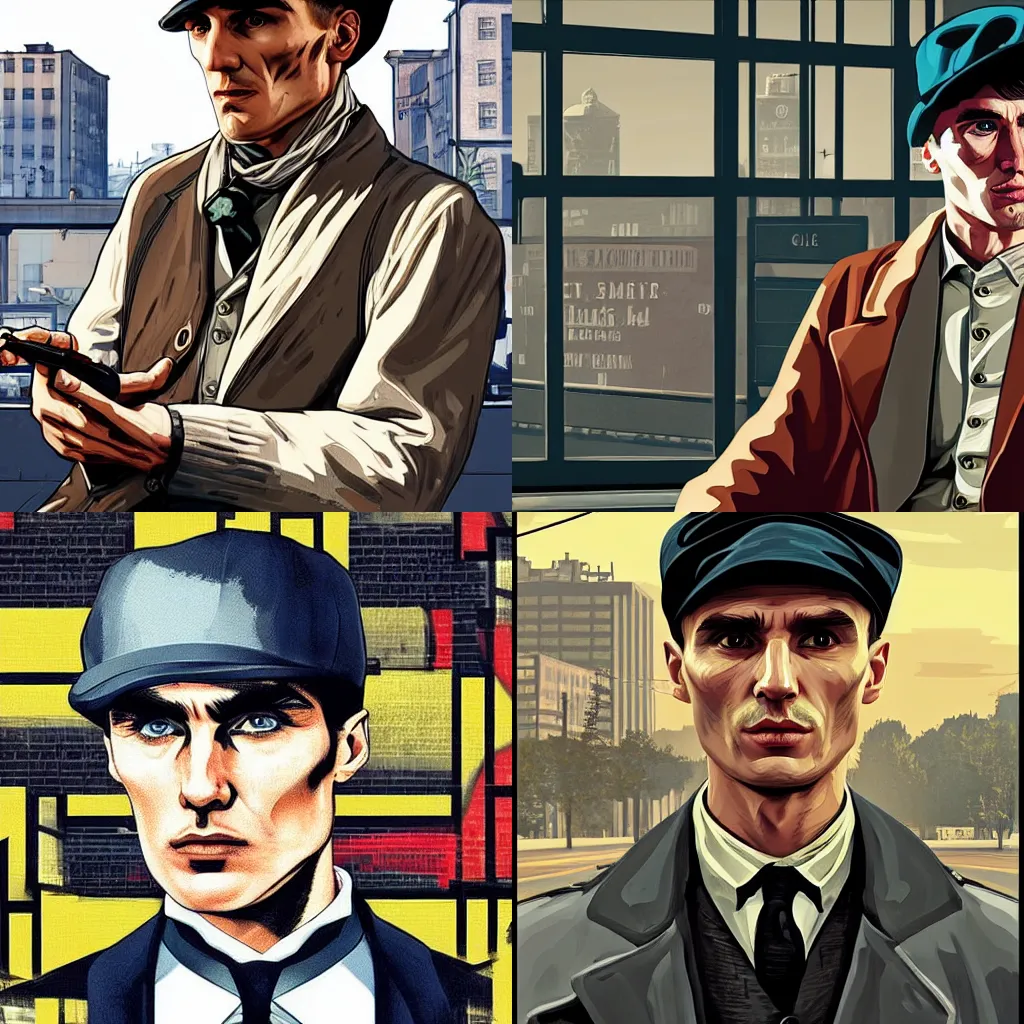 Prompt: thomas shelby in gta v, cover art by stephen bliss, loading screen, cover art
