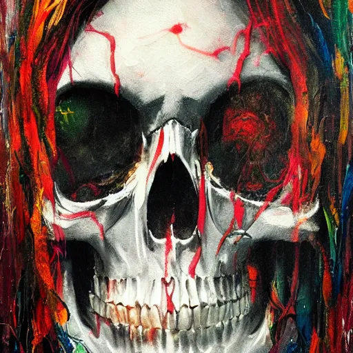 Prompt: skull glitchpunk glitchcore oil painting, portrait, palette knives, intricate complexity, rule of thirds, in the style of Kazuki Tanahashi, Genzoman