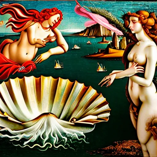 Image similar to birth of venus steam punk, in the style botticelli, 8 k, oil painting,