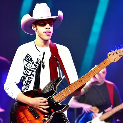 Image similar to pete davidson has a really nice electric guitar and plays it while wearing a cowboy hat and cowboy outfit