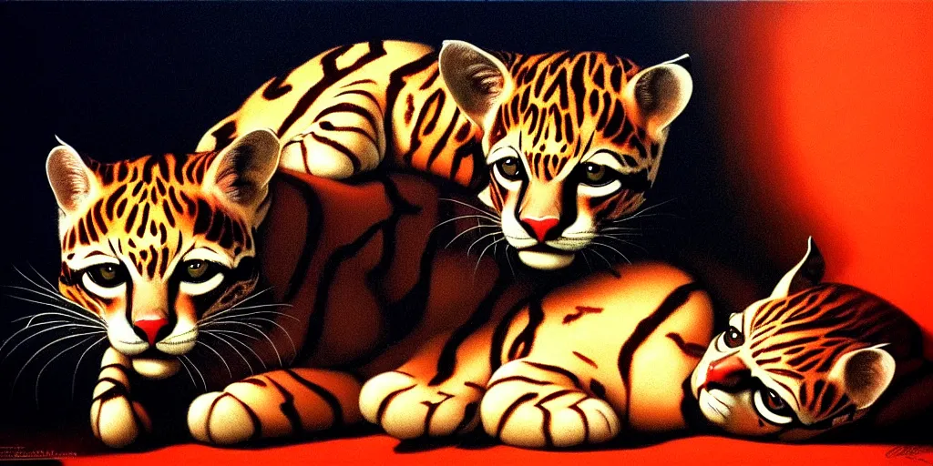 Image similar to ocelots in love, in the style of gottfried helnwein, high contrast chiaroscuro intricate composition, blue light by caravaggio, insanely quality, highly detailed, masterpiece, red light, artstation