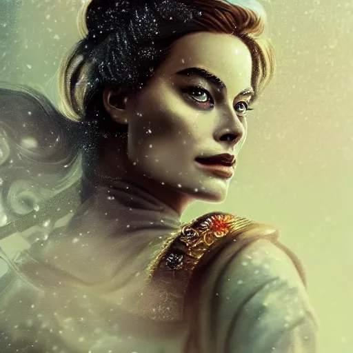 Image similar to a beautiful ultradetailed fantasy character portrait of margot robbie as a geisha wielding a sword by zach sutton and charlie bowater, catchlight in the eyes, trending in behance, close up 50mm portrait photo, bokeh, 4K, during snowfall