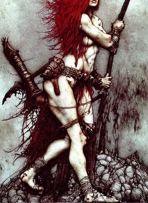 Image similar to redhead barbarian girl by Beksinski and Arthur Rackham