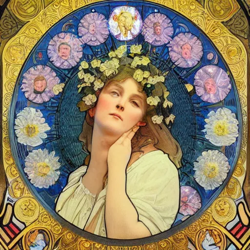 Image similar to a Masterpieces portrait of trump covered in flowers radiates holy light in the church in the style of Alphonse Mucha,Gustave Doré style,oil on canvas