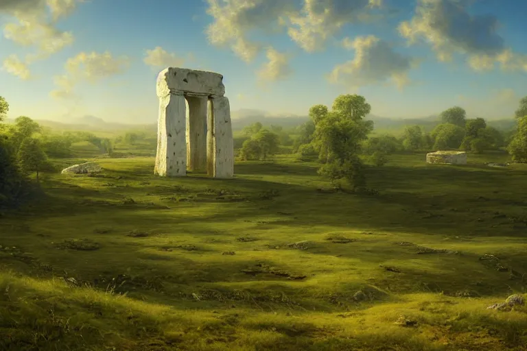 Image similar to White monolithic henge surging with turquoise magic at the bottom of green hills surrounded by a moat, clear blue skies in the background, by Thomas Kincade, Richard Sigamani, 8k photorealistic, cinematic lighting, HD, high details, concept art, trending on artstation