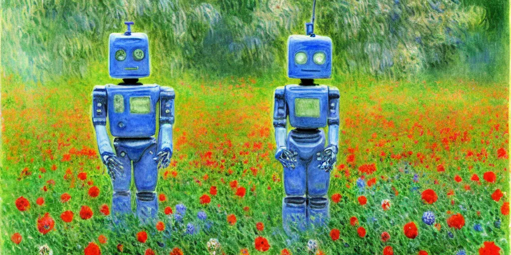 Image similar to a robot standing on flower garden looking small with many kinds flower arround him, watercolor art, 1 8 8 0 s, calude monet style, colorfule, hd, uhd