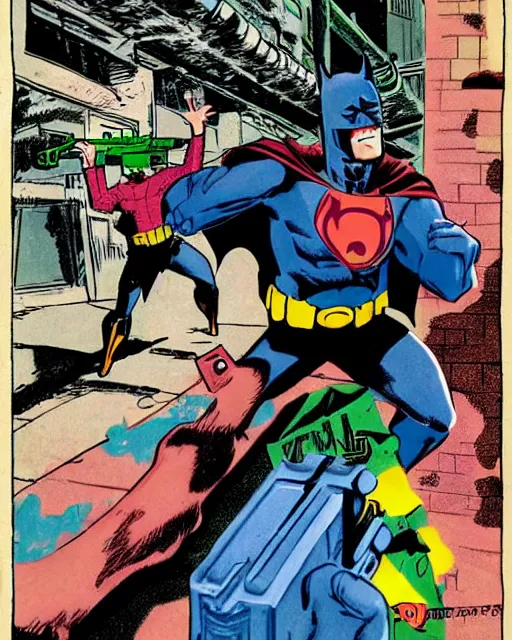 Prompt: batman firing supersoaker watergun at criminals in an alleyway, illustrated by jack kirby