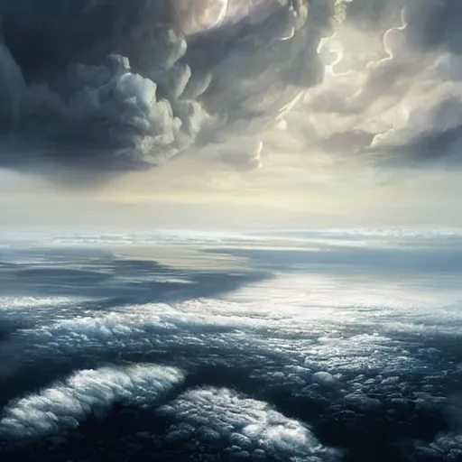 Image similar to world covered with enormous clouds, thru clouds there is slightly visible ice covered world, matte painting, concept art, illustration highly detailed artwork cinematic hyper realistic