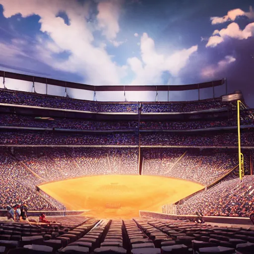 Image similar to disney pixar render of an aberration in the fabric of reality above a little league baseball game, tearing reality apart, everyone looks up at the sky, cinematic lighting, octane render 8 k