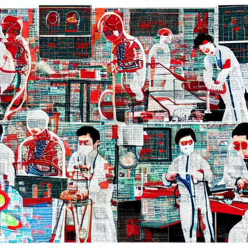 Image similar to chinese surgeons operating on a body on an operating table, in the style of daniel johnston and outsider art, 8k, line brush, minimal, overlaid with chinese adverts, collage