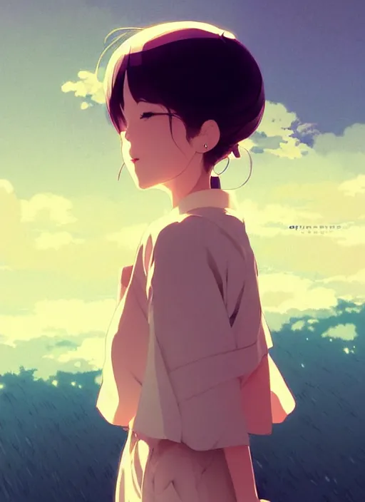 Image similar to portrait of a smiling girl by ilya kuvshinov, cloudy sky background lush landscape ln illustration concept art anime key visual trending pixiv by victo ngai fanbox by greg rutkowski makoto shinkai takashi takeuchi studio ghibli