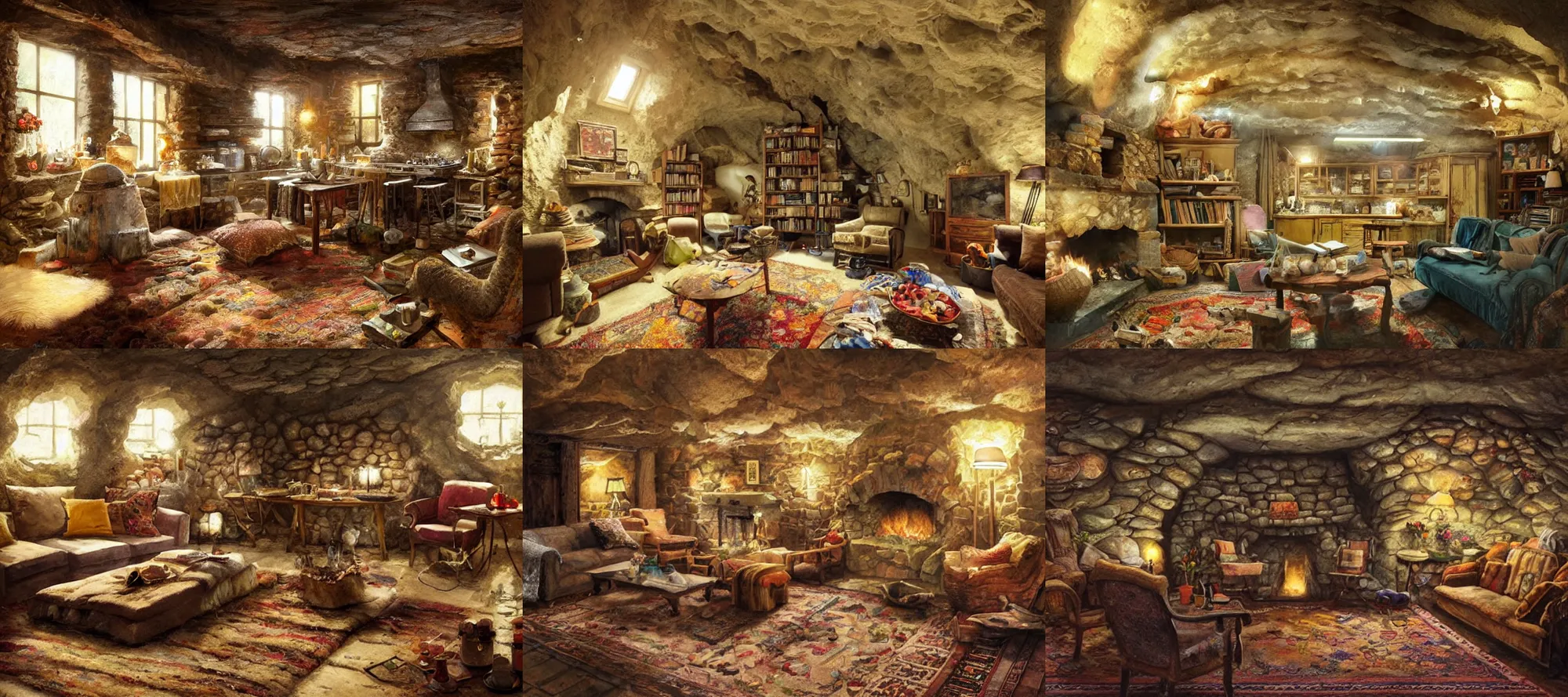 Prompt: a sweet home in an underground in a cave, rock walls, soft candle lit room, kitchen table, stove, fridge, armchairs, cosy fireplace, books on side table, colourful rug on floor by fireplace, pictures of family on wall, soft lighting, cosy, craig mullins, james gurney, detailed watercolour, texture, highly detailed, movie scene, illustrative, hd, 4k