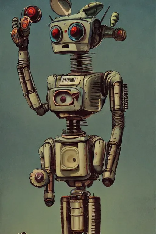 Image similar to extreme wide shot of a 1950s retro Cactus robot, with space above the head. Full Body. Bionic Arms and eyes. pop surrealism, muted colours. by Jean-Baptiste Monge, wide shot